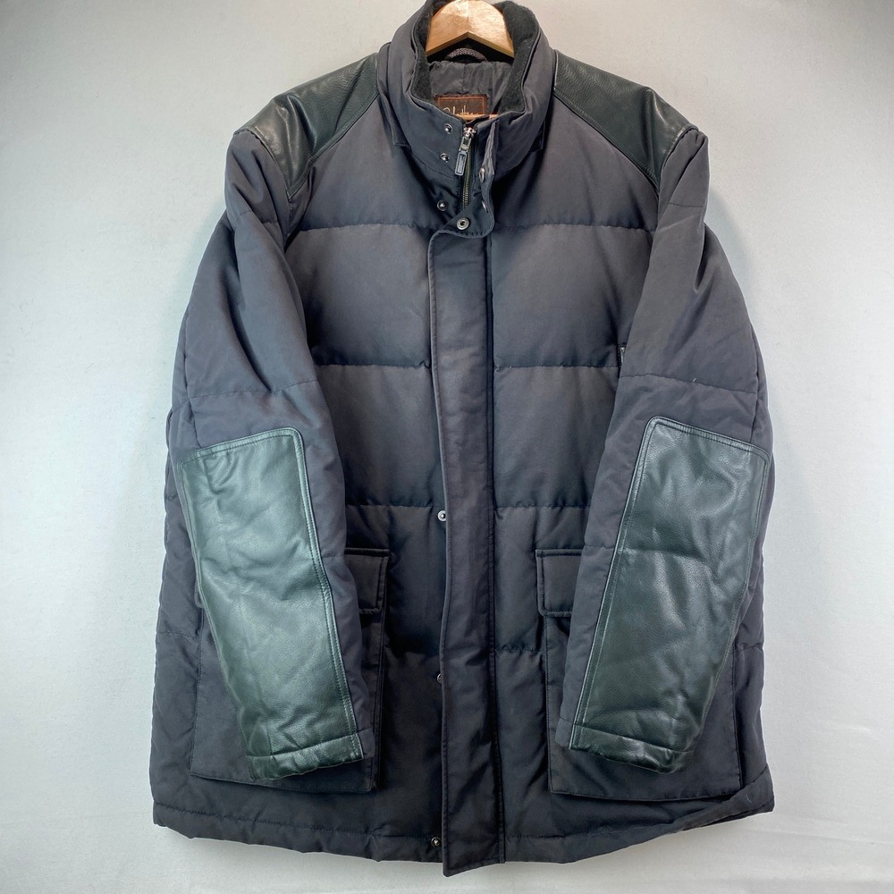 Cole Haan Down Puffer Parka Jacket Mens XL Black Leather Trim Heavy Winter Coat